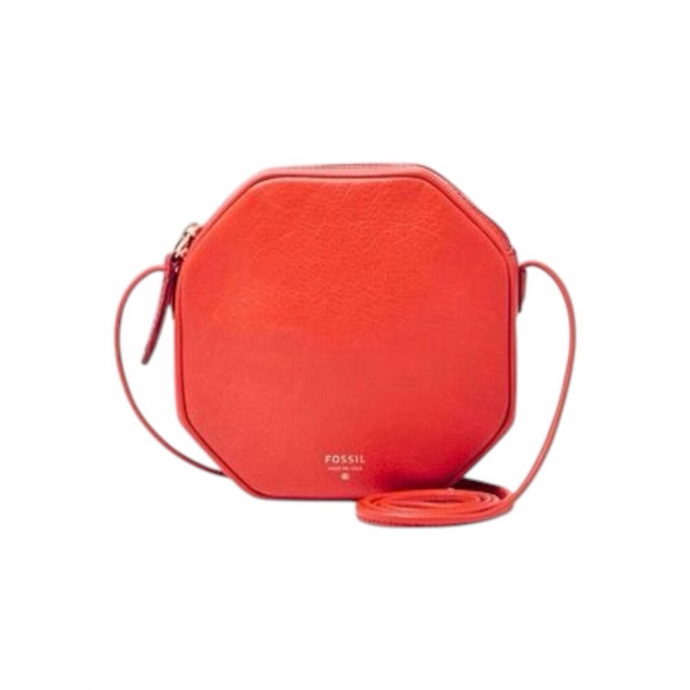 FOSSIL Jules Octagon Leather Crossbody Bag Red Orange Pebbled Small